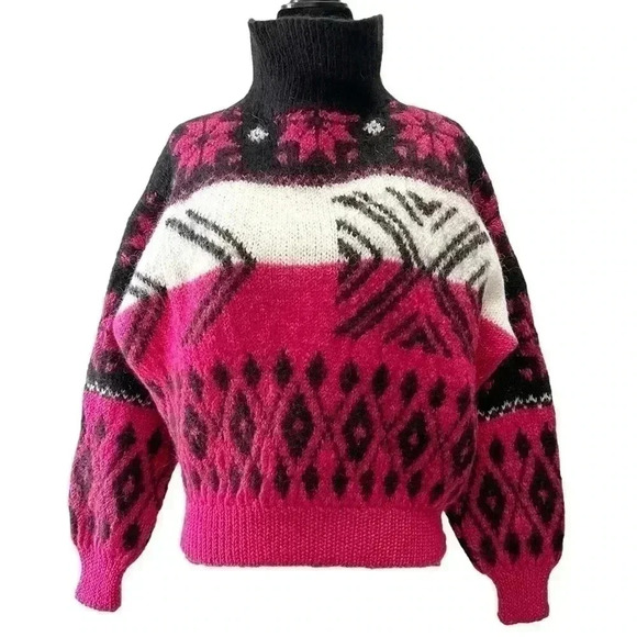 Handmade Knit Wool Sweater Fair Isle Cropped Cowl Neck Black White Pink Small - Picture 1 of 15